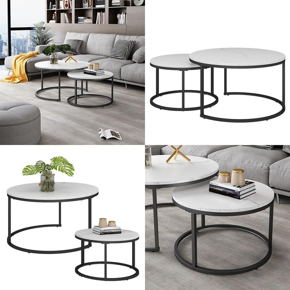Vicco Couchtisch Set Montreal, Marmor Weiss, 77 x 40 cm 2 Teile, Weiss