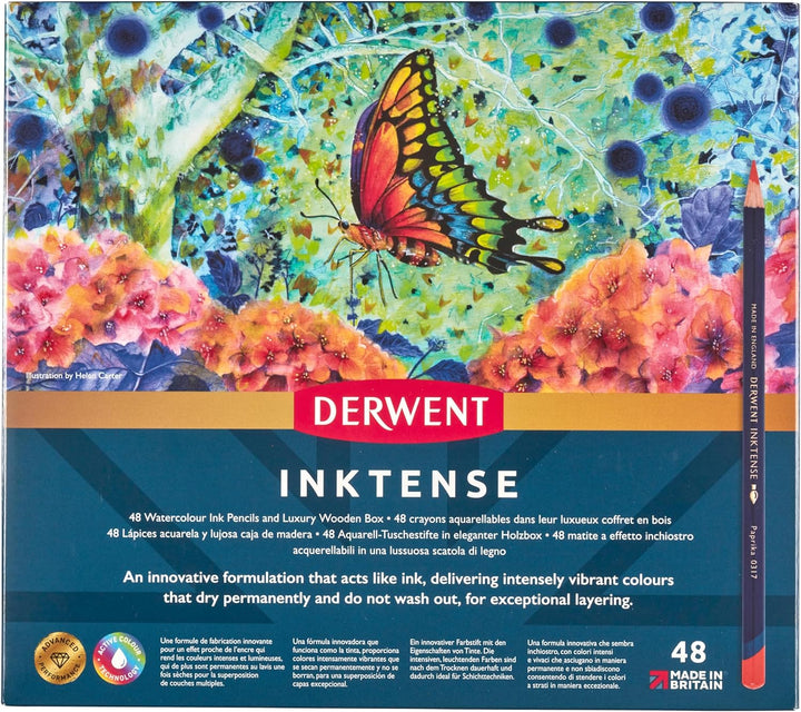 Derwent Inktense Permanent wasserlösliche Aquarellstifte, 48er Set in hölzerner Geschenkbox, 4 mm Pr