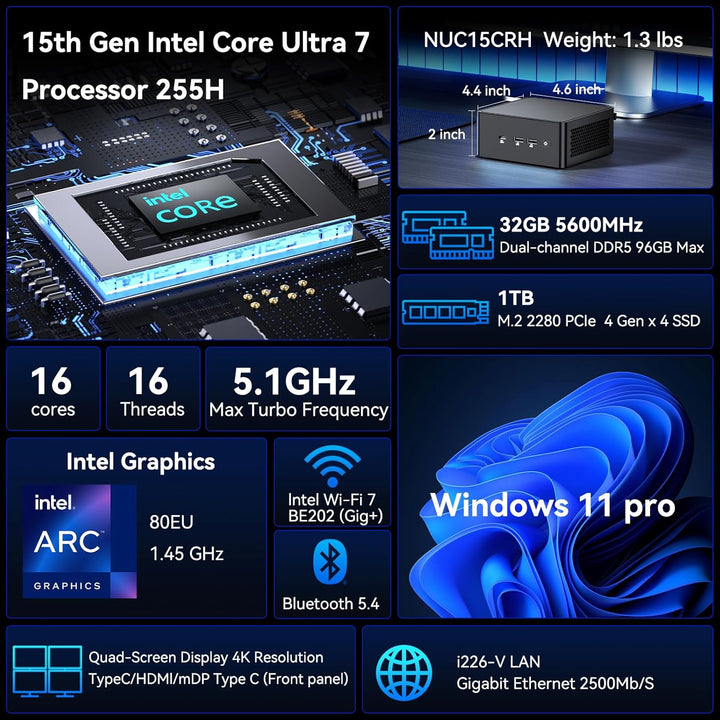 Intel NUC 15 PRO, für ASUS NUC 15 PRO Mini PC – mit Ultra 7 255H, 32GB RAM & 1TB SSD, Win 11 Pro, In