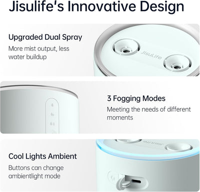 JISULIFE Luftbefeuchter Schlafzimmer 1 L, Humidifier Top-Fill raumbefeuchter 30 dB, 8000mAh raumluft