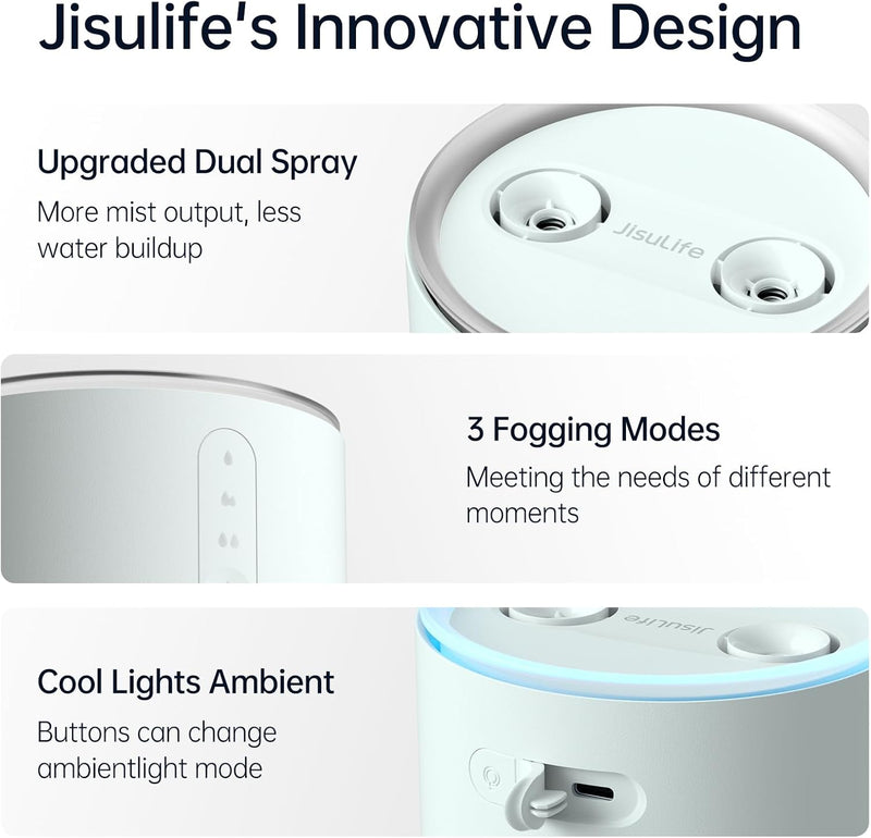 JISULIFE Luftbefeuchter Schlafzimmer 1 L, Humidifier Top-Fill raumbefeuchter 30 dB, 8000mAh raumluft