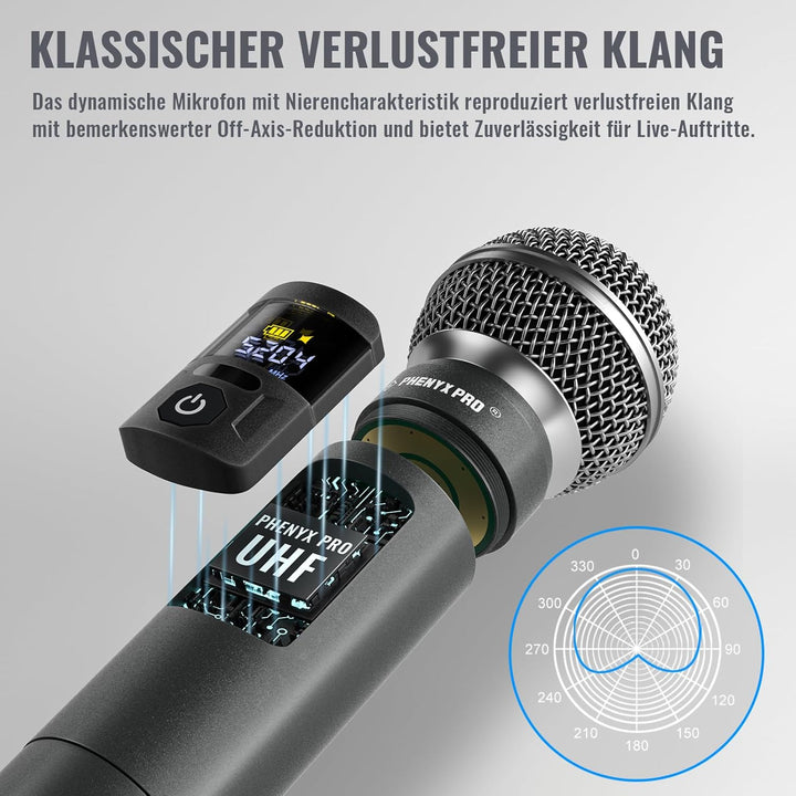 Phenyx Pro Mikrofon Drahtloses Mikrofonsystem, kabelloses Handmikrofon-Set für Gesang, Karaoke, Kirc
