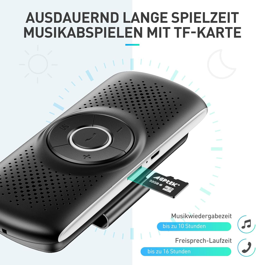AGPTEK Freisprecheinrichtung für Auto, Bluetooth 5.0, integriertes Mikrofon, mit Clip für GPS, Musik