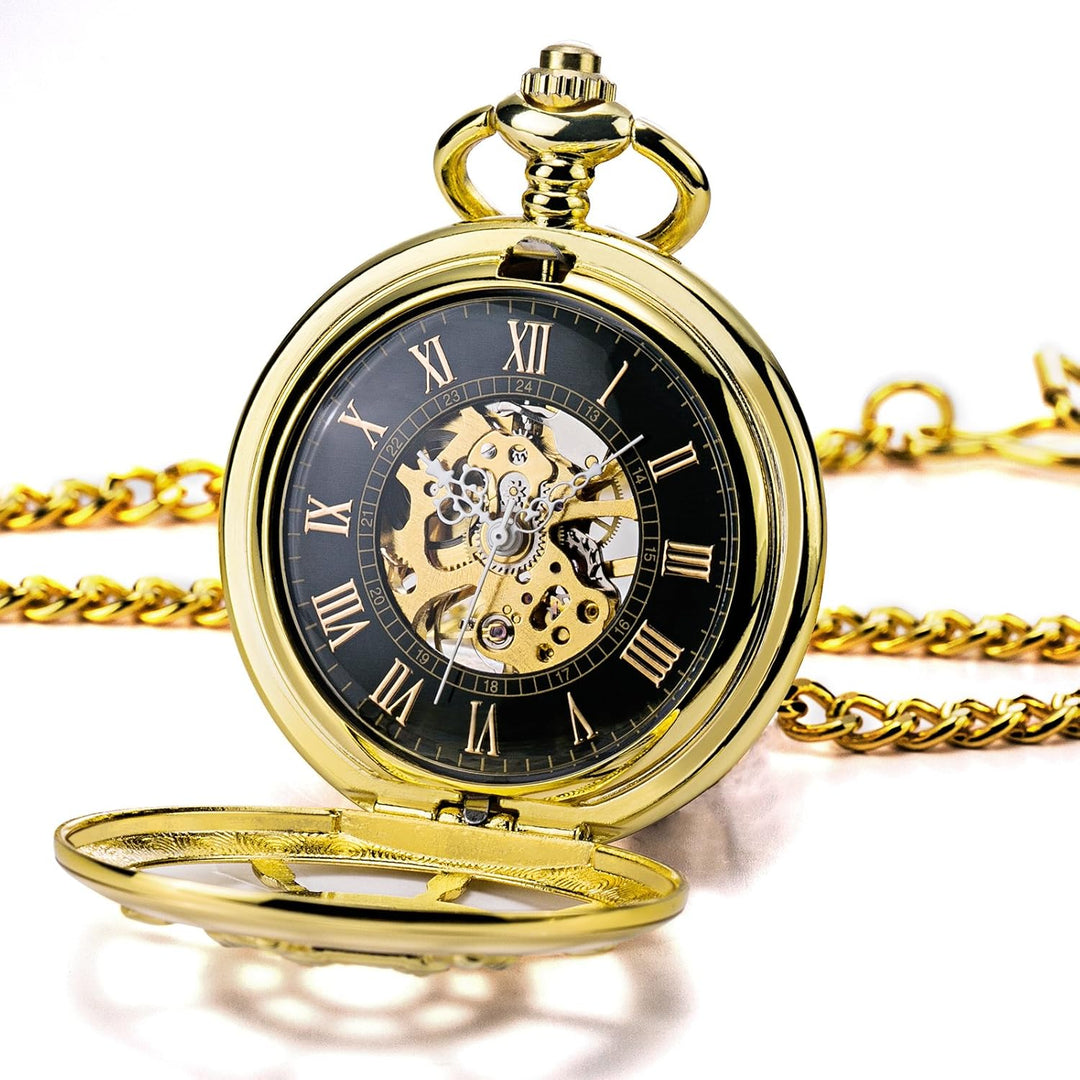TREEWETO Unisex Taschenuhr mit Kette Analog Handaufzug Doppelscharnier Ruder Skelett Gold
