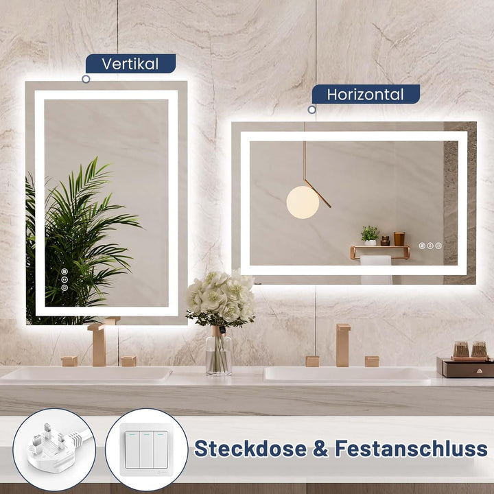 WEER Badezimmerspiegel mit LED-Leuchten, 60 x 90 cm Wandmontierter Kosmetikspiegel, 3 Farben Dimmbar