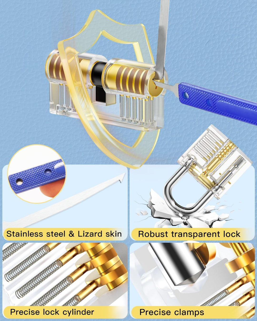 Lockpicking Set, IPSXP 25 Stück Dietrich Set mit 2 Stück Transparent Training Schlössern mit Lederta