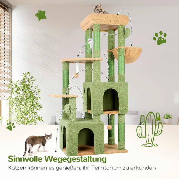 Globlazer Kratzbaum Grün Kaktus für 3-5 Grosse Katzen 156 cm mit 2 Extragross Katzenhaus 45 * 40 * 3