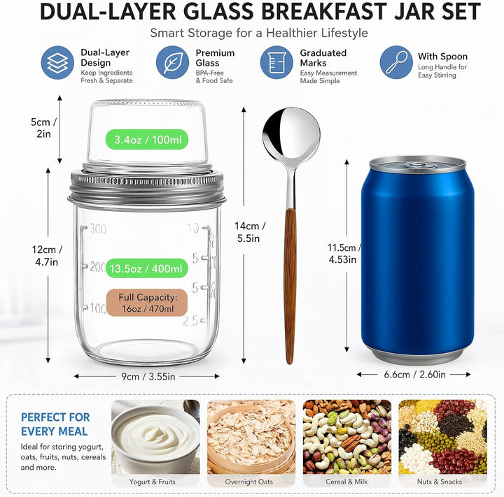 Yuragim 4er Overnight Oats Gläser, 400ml+100ml Müslibecher to go mit Deckel und Löffel, Doppelkammer