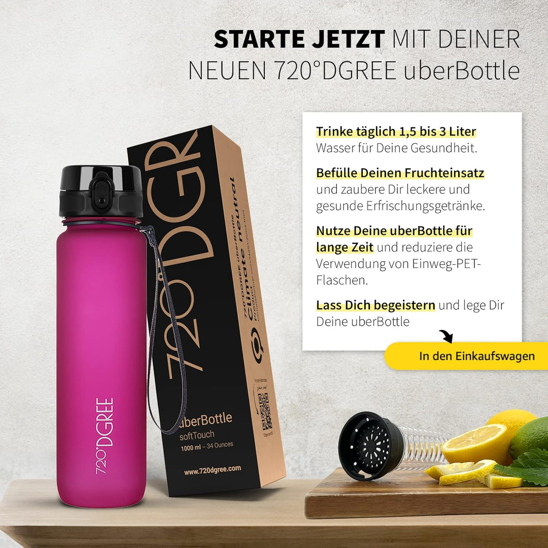 720°DGREE Trinkflasche “uberBottle“ 350ml, 500ml, 650ml, 1l, 1,5 Liter softTouch +Früchtebehälter -