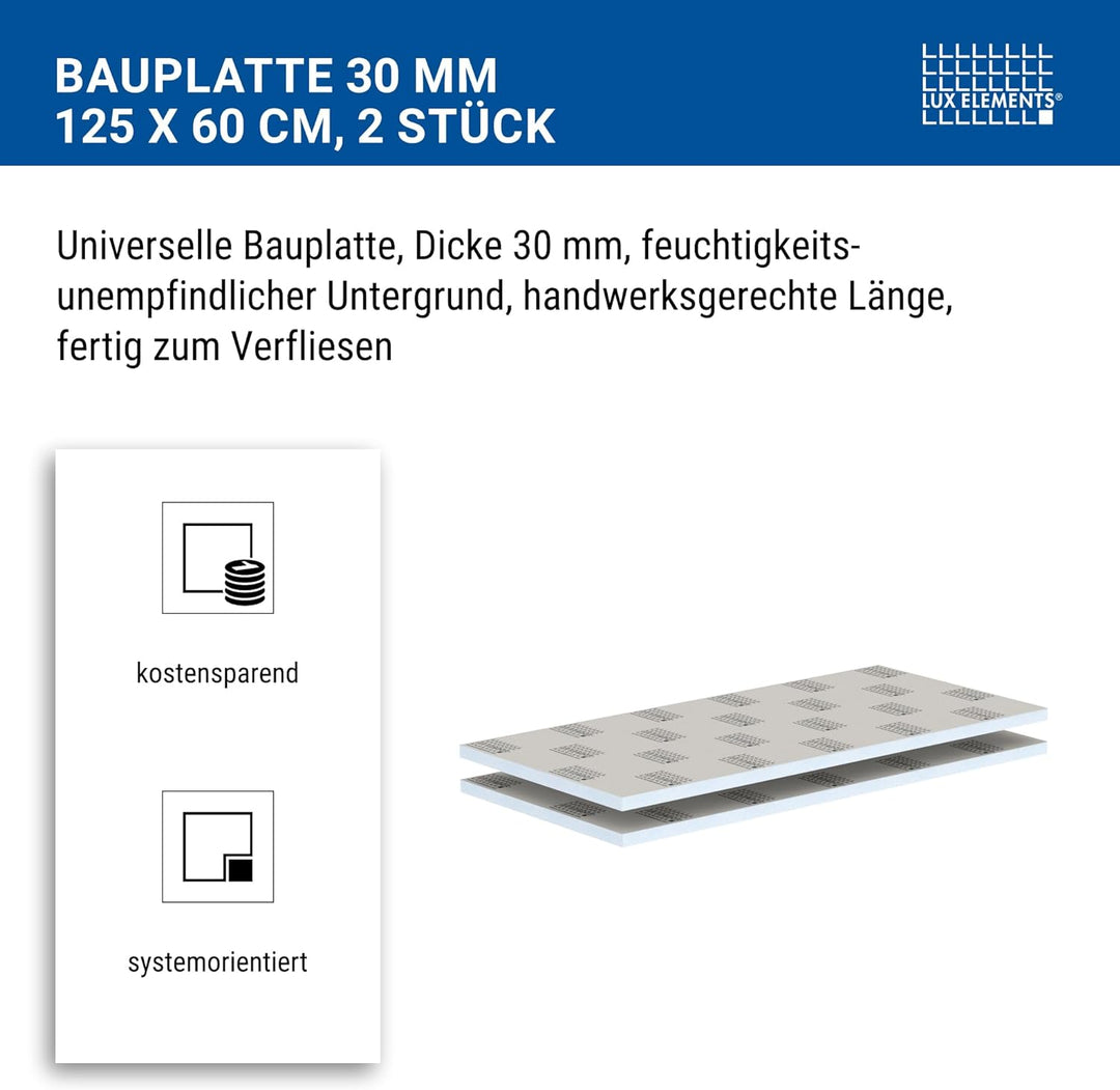 LUX ELEMENTS Bauplatte Fertig zum Verfliesen 125 x 60cm 2 Stk. I Hartschaumplatte 30mm aus expandier