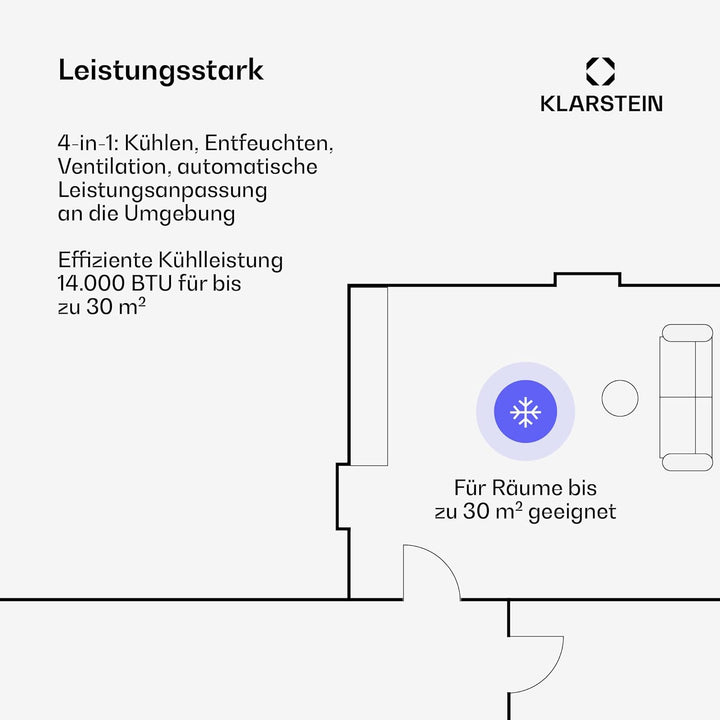 Klarstein AireLux Mobile Klimaanlage – 14.000 BTU, Für Räume bis 51 m², App & Sprachsteuerung, 4-in-