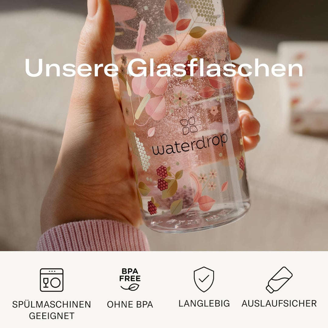 Waterdrop® Edition Glass Bottle 1l Trinkflasche Glas auslaufsicher, Kohlensäure geeignet | BPA freie