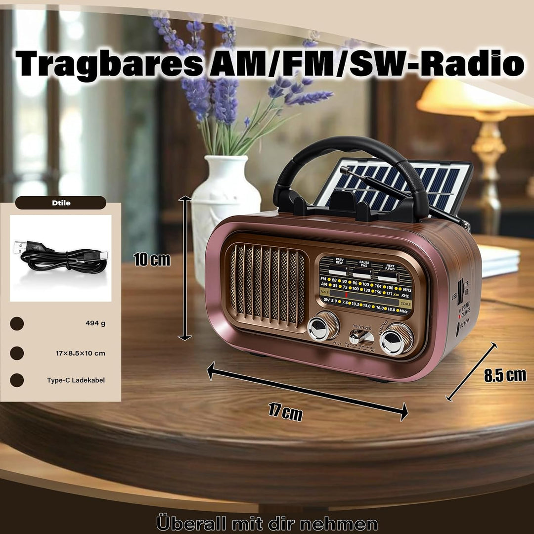 Retro Radio mit mit Solarzelle, AM/FM/SW Klein Radio Batteriebetrieben und Küchenausführung 1200mAh