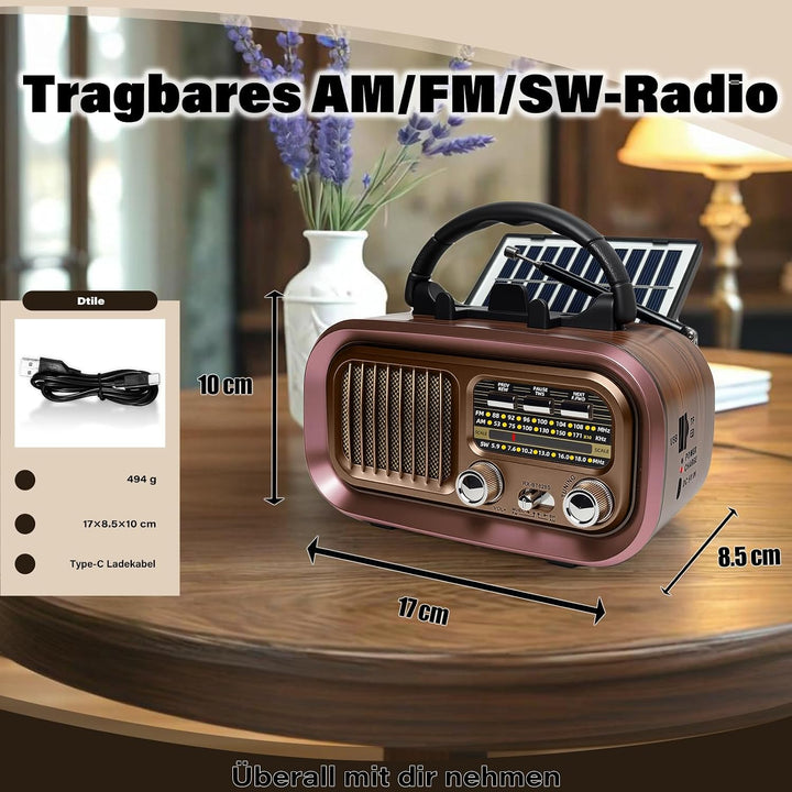 Retro Radio mit mit Solarzelle, AM/FM/SW Klein Radio Batteriebetrieben und Küchenausführung 1200mAh