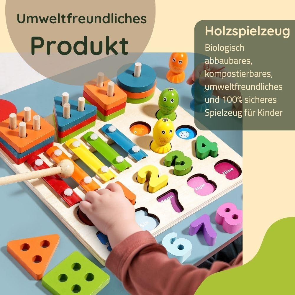 Vier in eins Holzspielzeug für Kinder, Zahlenspiel, Musikspielzeug, Farblerntafel, Fähigkeiten Entwi
