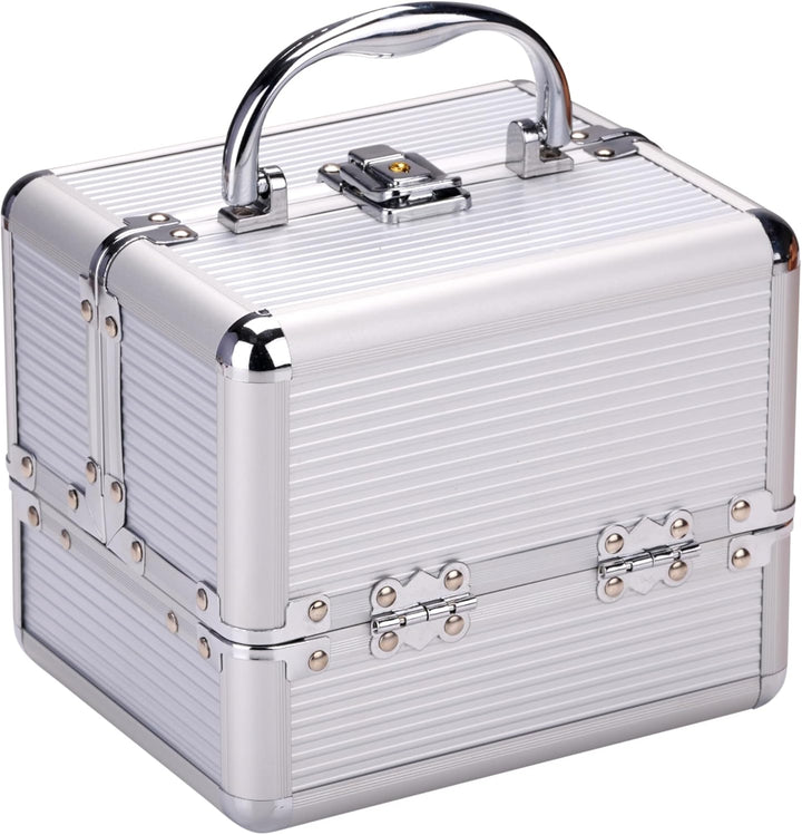 Make-up Koffer Silber - Kosmetik Organizer - mit Griff und Schlüsselschloss - 18 x 15 x 15 cm - Inne