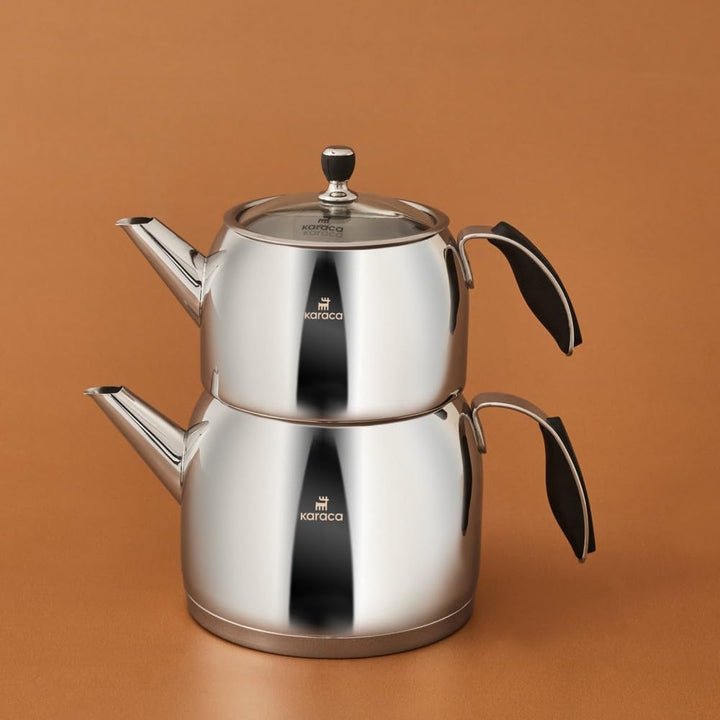 Karaca Stelly Teekannen-Set aus Edelstahl 304 (18/10), 2-teilig, 1 L + 2 L, Glasdeckel, induktionsge