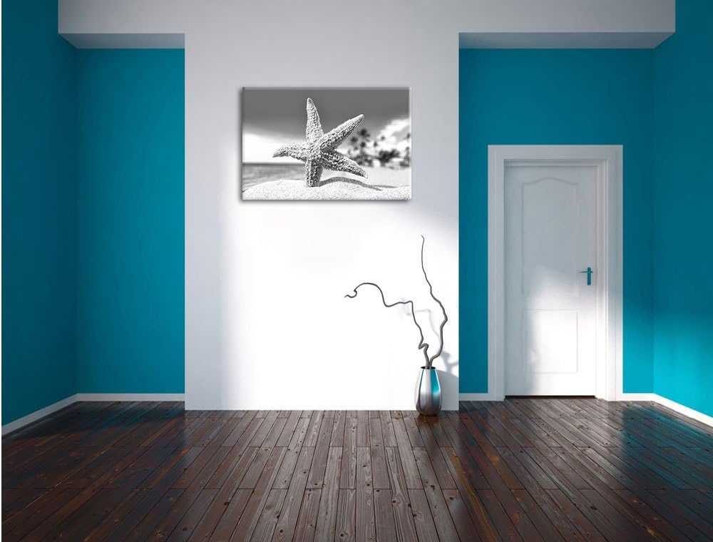 Pixxprint Seestern im Sandstrand von Palm Beach Kunst B&W, Format: 100x70 auf Leinwand, XXL riesige