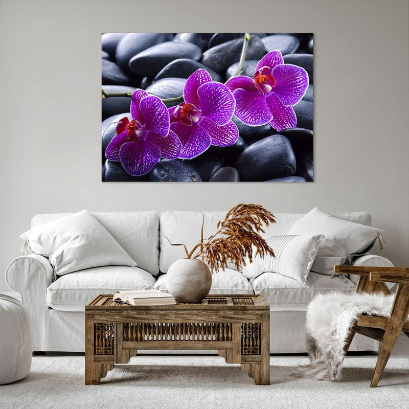 Bilder auf Leinwand 100x70cm Leinwandbild Blumen Steine Violett Aromatherapie Gross Wanddeko Bild Sc