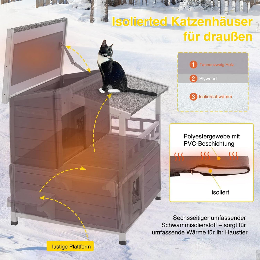 Aivituvin Katzenhaus Outdoor Winterfest aus Holz, Isoliert Feral katzenhöhle Wetterfest für Winter D