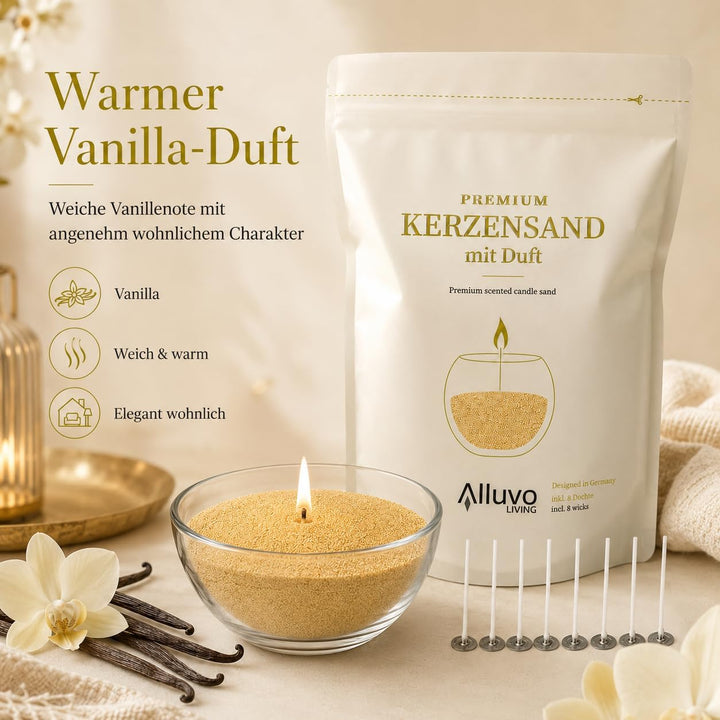 Kerzensand Vanille 450 g mit 8 Dochten pflanzenbasiert, Vanille