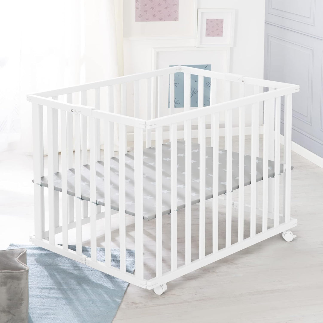 roba Laufgitter klappbar, Holz weiss, mit Einlage Little Stars, 74x100 cm, platzsparendes Spielgitte