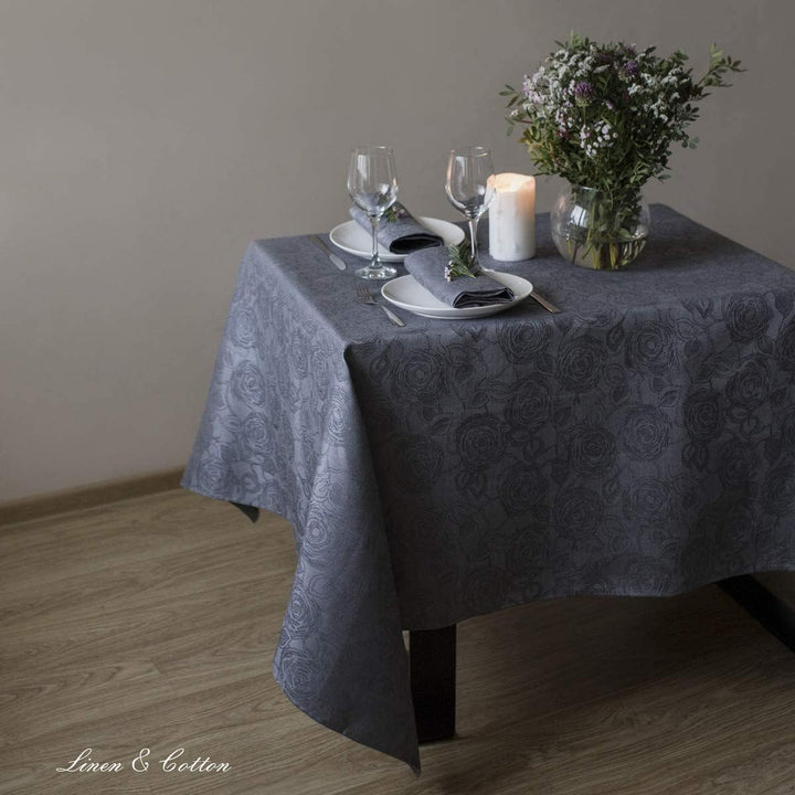 Linen & Cotton Jacquard Tischdecke Tischtuch Tischwäsche Roseus Damast Muster - 100% Leinen, Grau (1