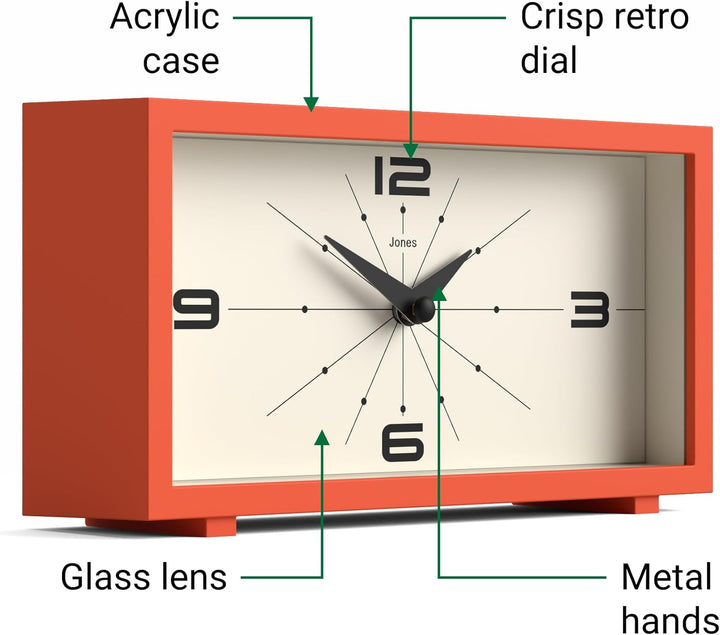 JONES CLOCKS® Odeon schreibtischuhr | Modernes rechteckiges Design | Orange | Stilvoller retrolook f