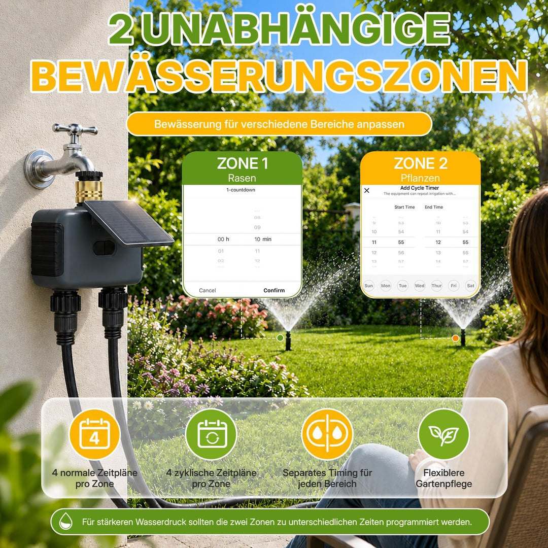 Mcbazel Solares Bewässerungscomputer mit 2 Ausgängen, WLAN-Bewässerungsuhr mit Solar &amp; USB-C-Aufladu