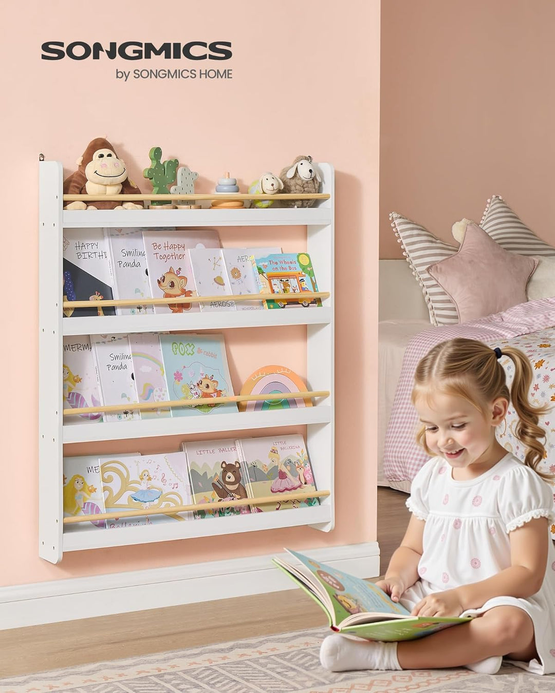 SONGMICS Bücherregal Kinder, Kinderregal mit 4 Ebenen, Spielzeugregal, Wandregal, für Kinderzimmer,