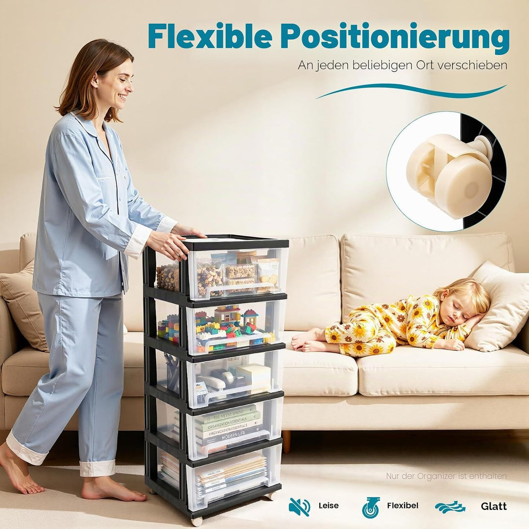 5 Schubladen Organizer 40x33x98cm, Aufbewahrungsbox, Schubladenschrank mit 4 Rädern, Aufbewahrungssc