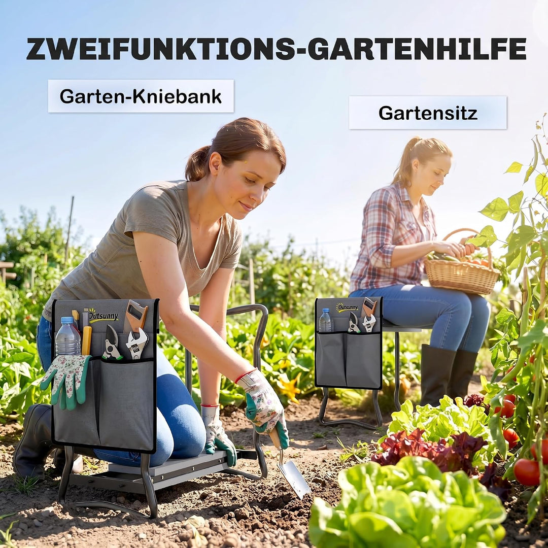 Outsunny Kniebank für Gartenarbeit klappbar Gartenhocker mit Kniekissen Werkzeugtaschen Polsterung K