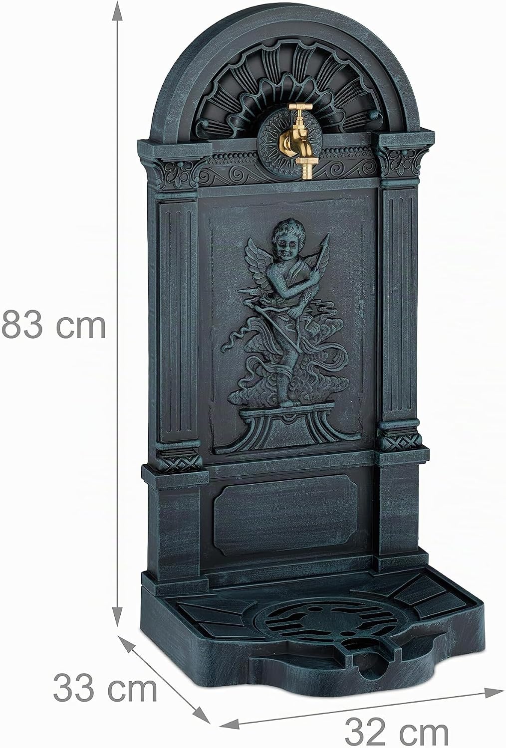 Relaxdays Standbrunnen, antik, Engel-Design, mit Wasserhahn &amp; Becken, HxBxT: 83x39x33 cm, Zapfstelle