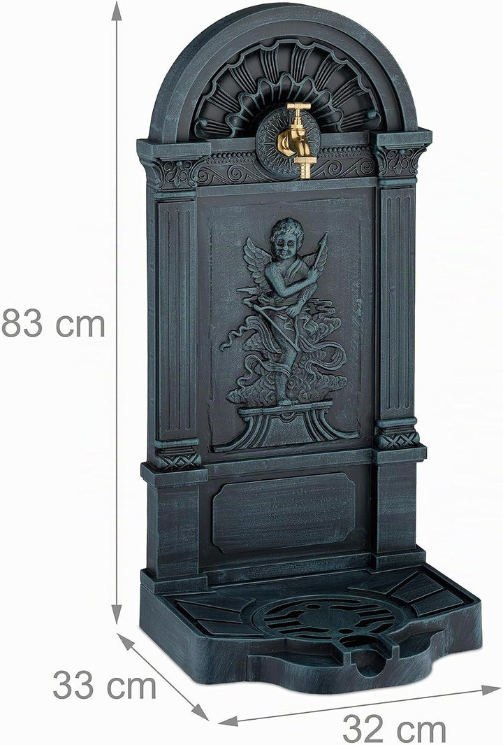 Relaxdays Standbrunnen, antik, Engel-Design, mit Wasserhahn &amp; Becken, HxBxT: 83x39x33 cm, Zapfstelle