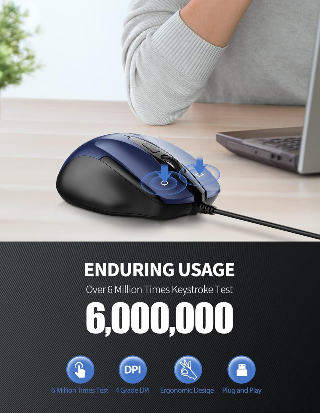 TECKNET Maus mit Kabel, Optical Business Mouse Verdrahtete Ergonomische Maus mit 6 Tasten, 2 Verstel