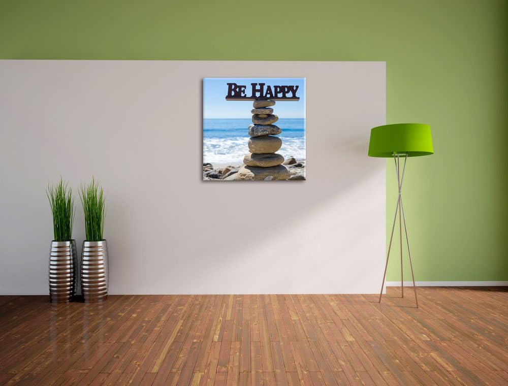 Pixxprint Steinturm bei Happy am Strand, Format: 70x70 auf Leinwand, 70x70