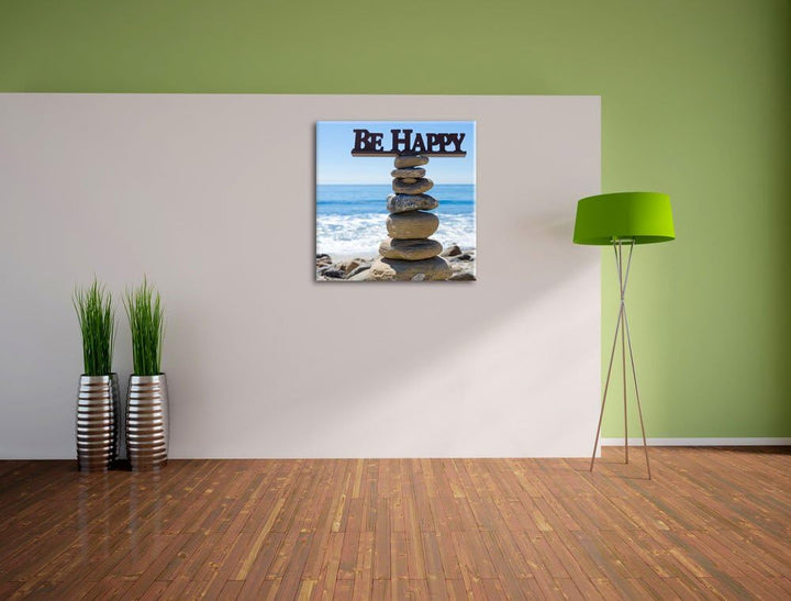Pixxprint Steinturm bei Happy am Strand, Format: 70x70 auf Leinwand, 70x70
