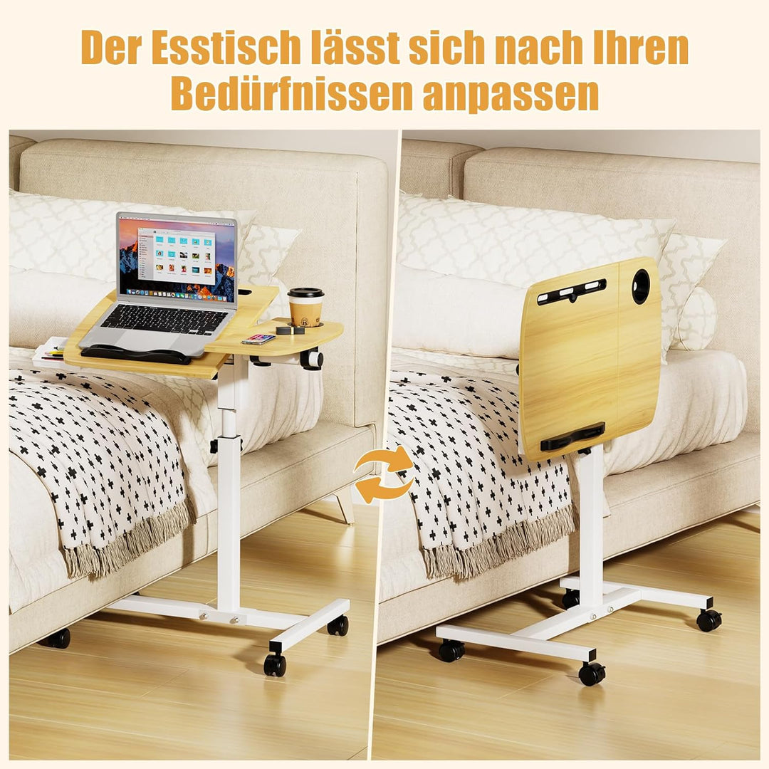 Laptoptisch höhenverstellbar, Mobiler Beistelltisch mit Schubladen, Mobiler Stehpult mit rollbar, Be