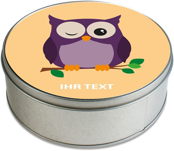 stempel-fabrik Geschenkdose Rund mit Aufdruck - Eule - Personalisiertes Geschenk - Keksdose mit Tier