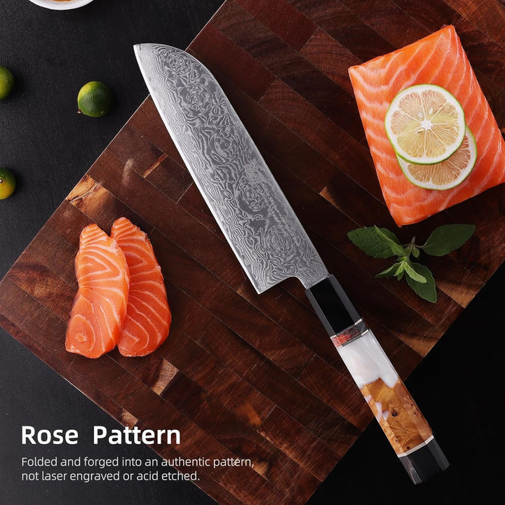 FINDKING 7-Zoll-Japanisches Santoku-Messer, Damastklinge Asiatisches Messer, Kochmesser für den tägl