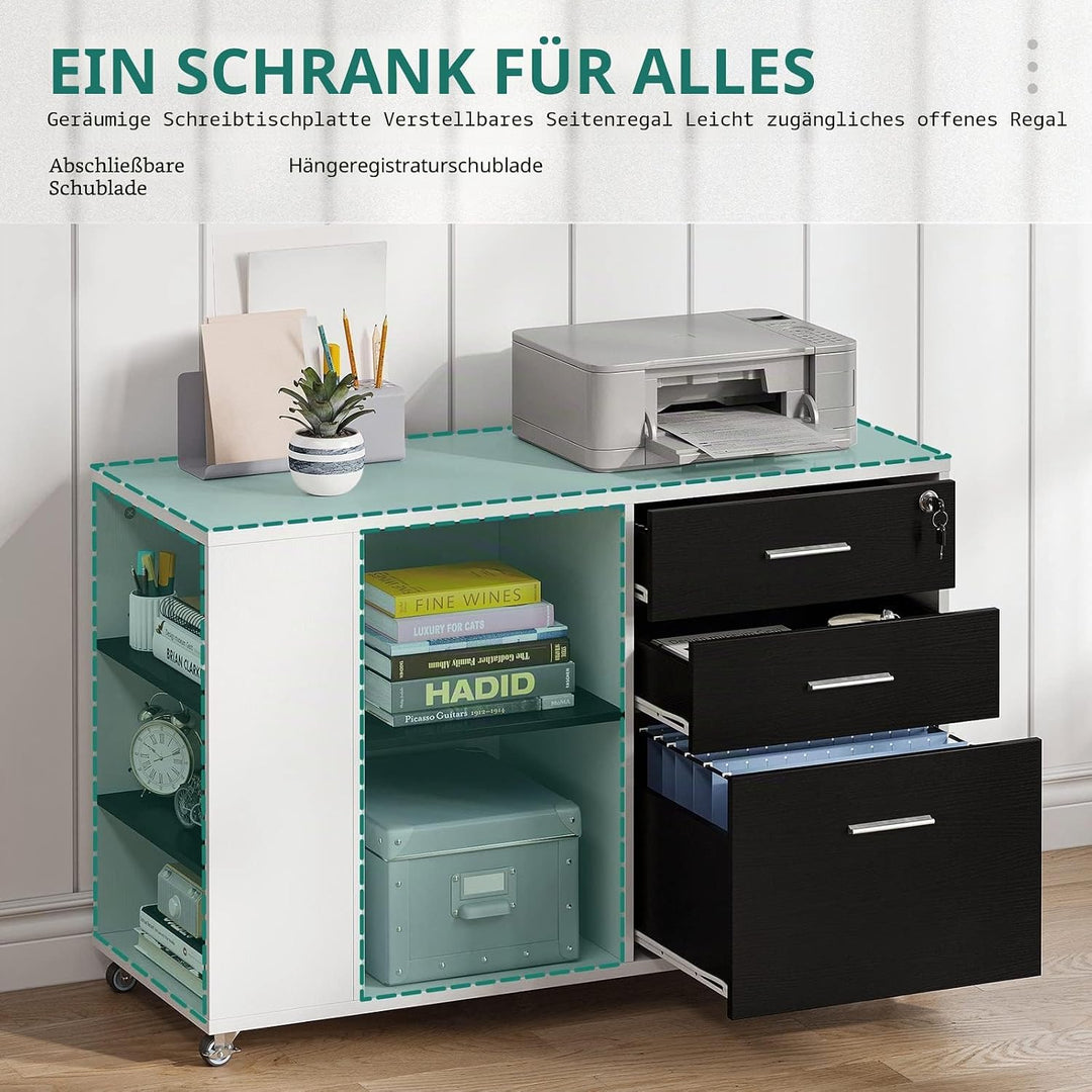 YITAHOME Rollcontainer aus Holz, Mobiler Aktenschrank, seitlicher Aufbewahrungsschrank für Schreibwa