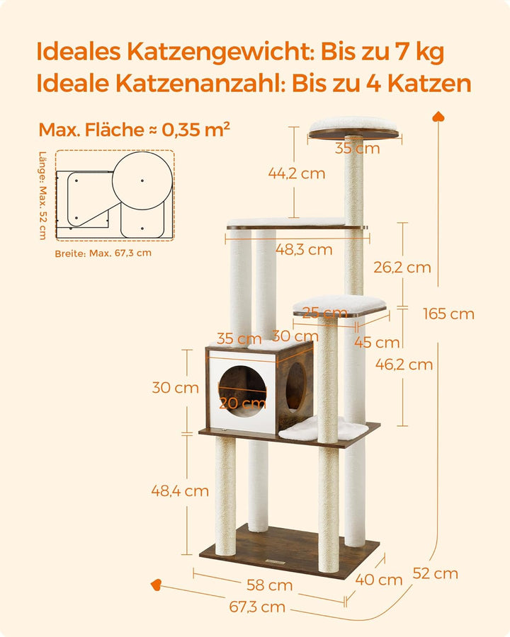 Feandrea Kratzbaum, 165 cm hoher moderner Katzenbaum, Katzenhaus mit 5 Kratzsäulen, waschbare abnehm