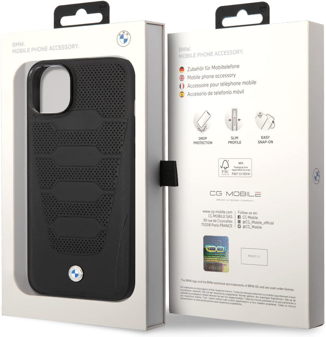 CG MOBILE BMW Phone Case for iPhone 14 Signature Collection in Black Perforated Seats, Real Leather
