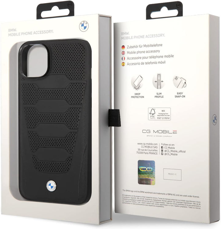 CG MOBILE BMW Phone Case for iPhone 14 Signature Collection in Black Perforated Seats, Real Leather
