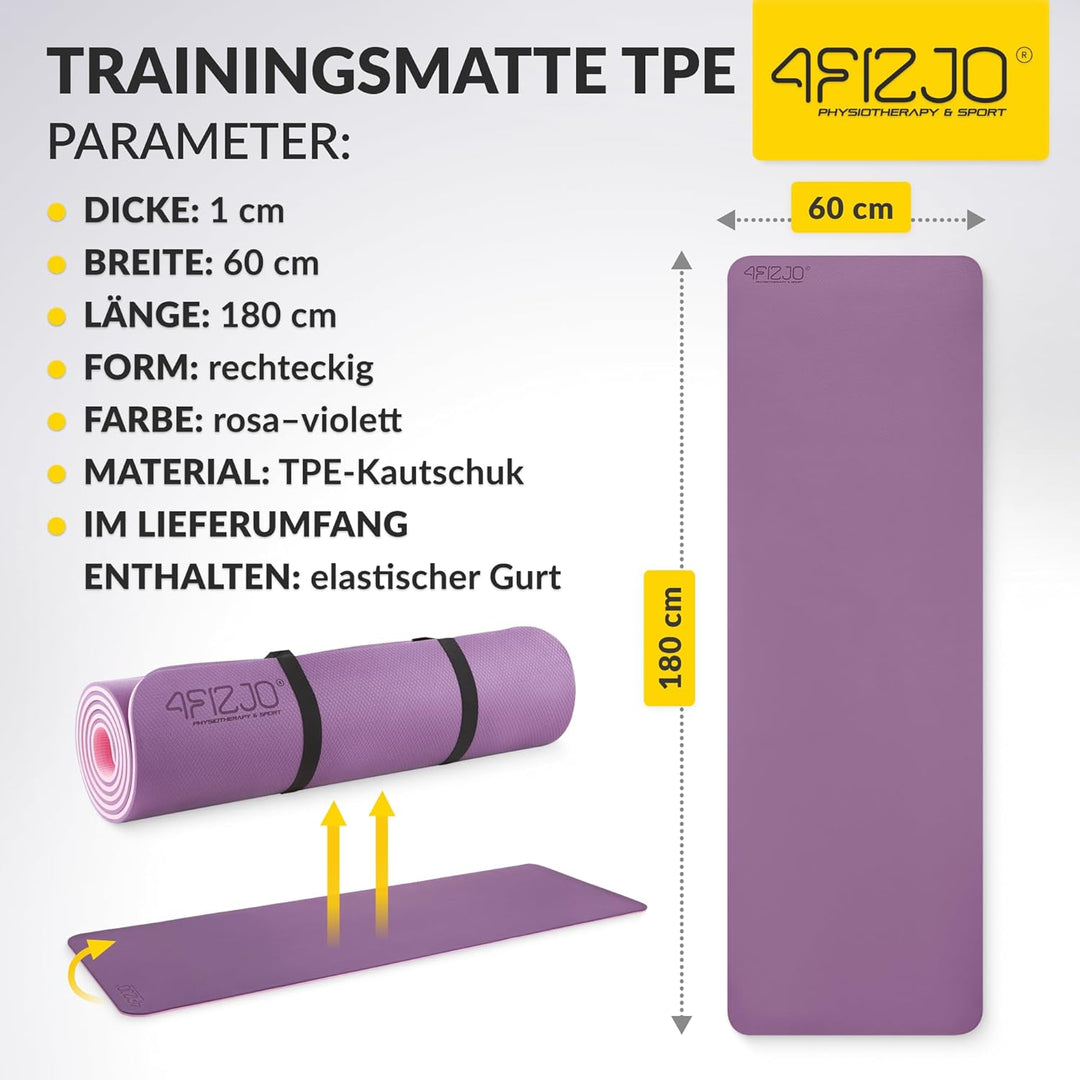 Fitnessmatte mit Tragegurt, Abmessungen 180x60cm, TPE-Kautschuk, Rutschfest, Komfort, In & Outdor, P