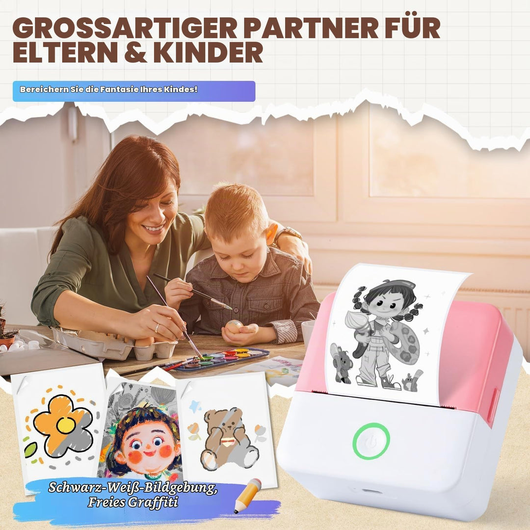 PRAOAHEI Mini Drucker, Tragbarer Fotodrucker mit 10 Rollen Druckerpapier, Bluetooth-Etikettendrucker