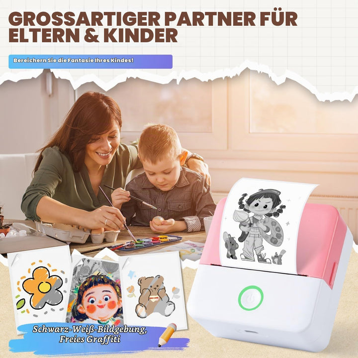 PRAOAHEI Mini Drucker, Tragbarer Fotodrucker mit 10 Rollen Druckerpapier, Bluetooth-Etikettendrucker