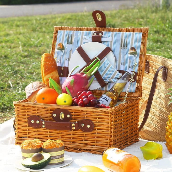 Picknickkorb Set für 2 Person mit Kühlfach, Abnehmbarer Riemen, Weinbeutel, Besteck Set, für Camping