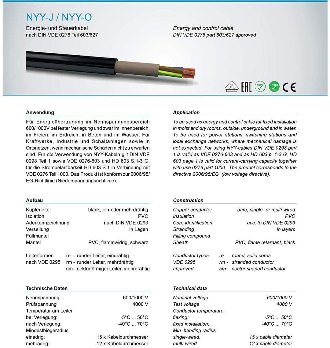 M&G Techno 5m NYY-J 3x1,5 mm² Erdkabel Elektrokabel Beton und Freien Kupfer Made in Germany, 5m NYY-