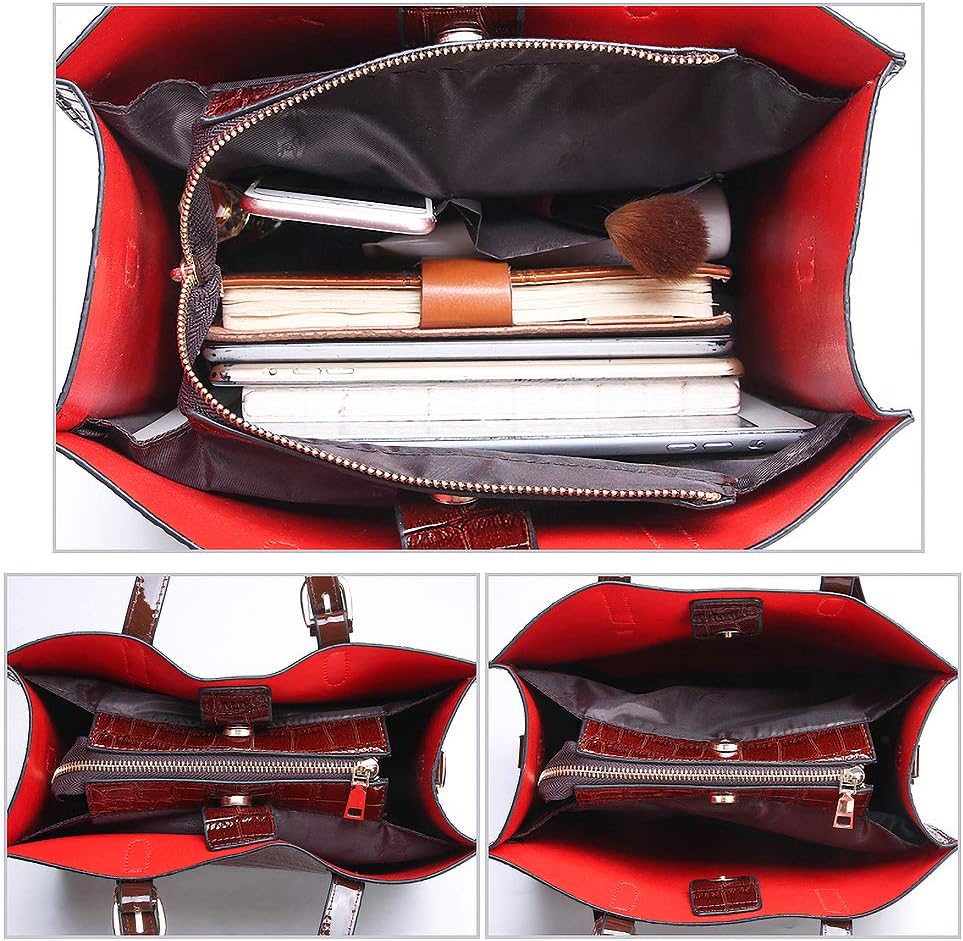 Coolives Damen Set Handtaschen mit 2 Stück Krokodil-Muster Schultertasche Umhängetasche EINWEG Braun